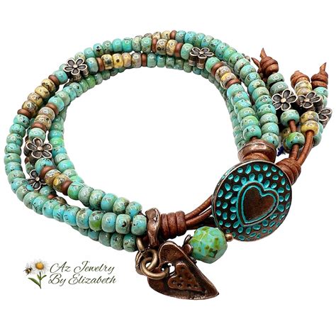 Boho Leather Wrap Bracelet For Women Turquoise Seed Bead Leather