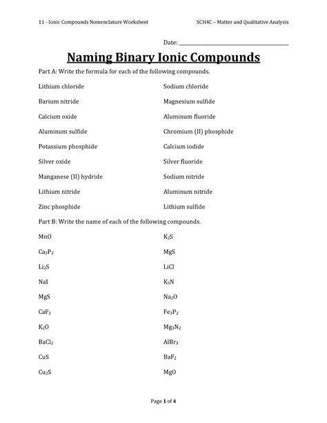 11 Ionic Compounds Nomenclature Worksheet Date Studocu