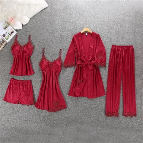 Conjunto De Pijama Feminino De Cetim 5 Peças Pijama Feminino Com Renda