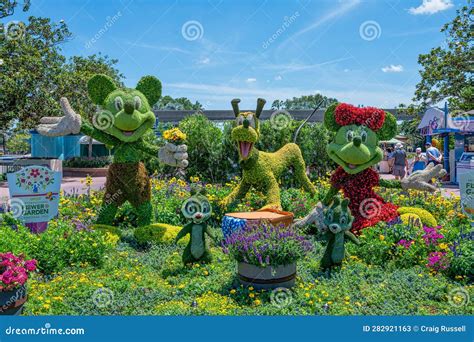 Mickey And Minnie Mouse Topiaries With Pluto Chip And Dale In Front Of