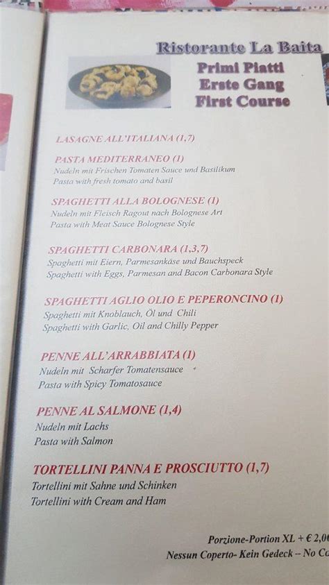 Menu Da Ristorante Pizzeria La Baita Vesio