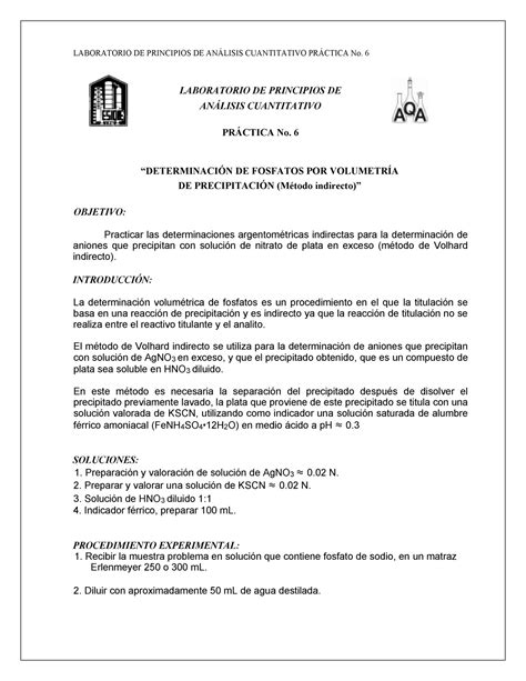 Practica 6 DeterminaciÓn De Fosfatos Por VolumetrÍa De PrecipitaciÓn