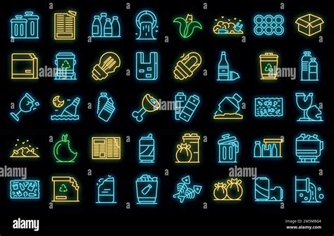 Waste Icons Set Outline Set Of Waste Vector Icons Neon Color On Black