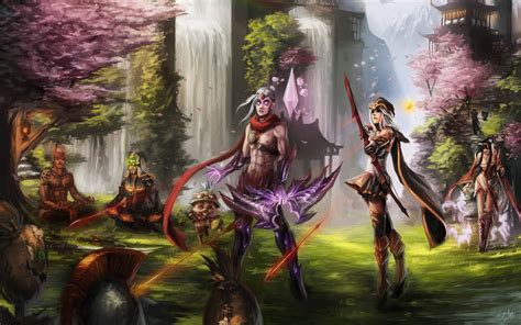 Fondos De Pantalla Videojuegos Arte Fantasía Liga De Leyendas Lee Sin Ashe Ahri Selva