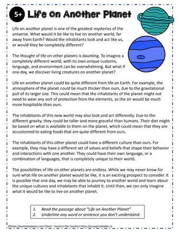 Reading Comprehension Life On Another Planet 5th Grade Reading Reading