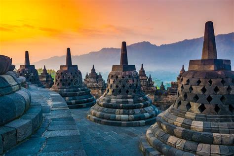 Sunrise Landscape Of Buddhist Temple Complex Borobudur Yogyakarta