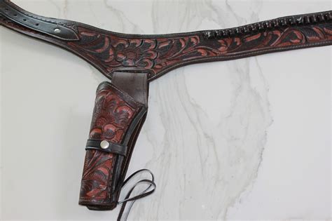 Left 44 45 Cal Tooled Holster Gun Belt Drop Loop Leather Western Rig Sass 34 52 Ebay