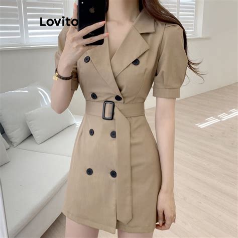 Lovito Women Elegant Plain Belted Button Front Puff Sleeve Dress