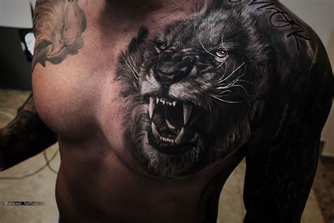 Realistic Lion Chest Tattoo