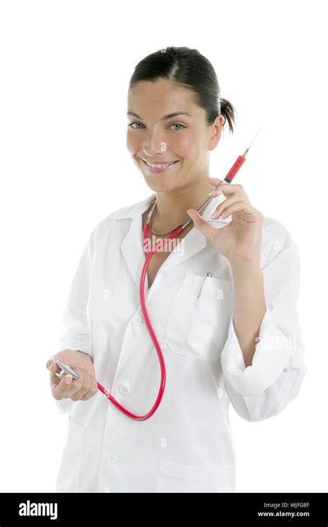 Beautiful Woman Doctor With Red Syringe Injection In Hand Stock Photo