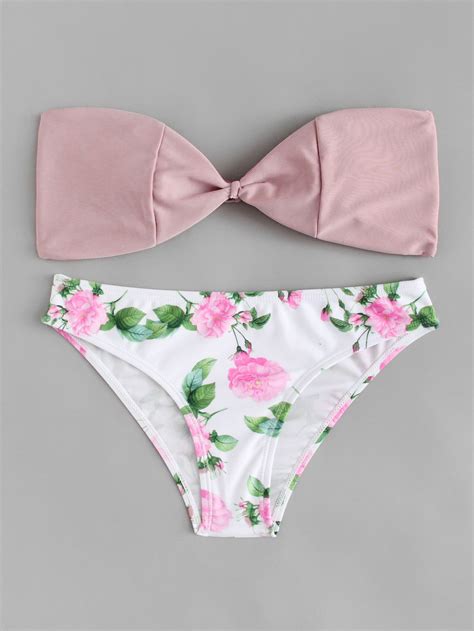 Flower Print Bandeau Bikini Setfor Women Romwe Bandeau Bikini Set