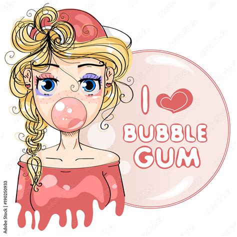 Super cute fashion cartoon girl with bubble gum. I love bubble gum pink ...