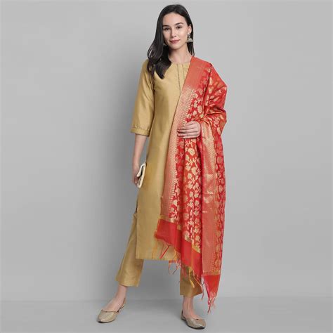 Janasya Indian Round Neck 3 4 Sleeve Solid Gold Poly Silk Kurta With