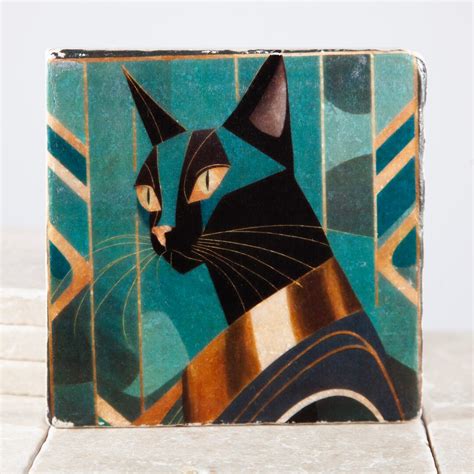 Printed Tile Black Cat Art Deco 20s Painting Travertine Natural Stone Tiles Art