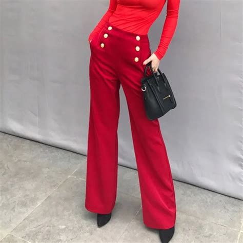 Spring New Runway Women Retro Straight Long Pants Double Breasted High