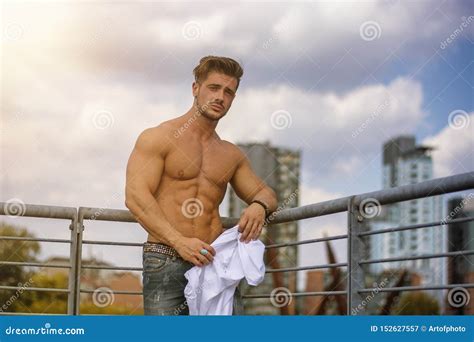 Handsome Muscular Shirtless Hunk Man Outdoor In City Stock Image Image Of Adult Arms 152627557