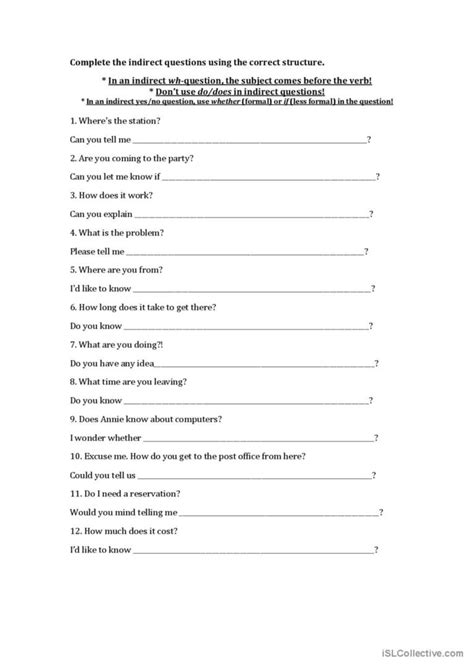 Indirect Questions Practice English ESL Worksheets Pdf Doc