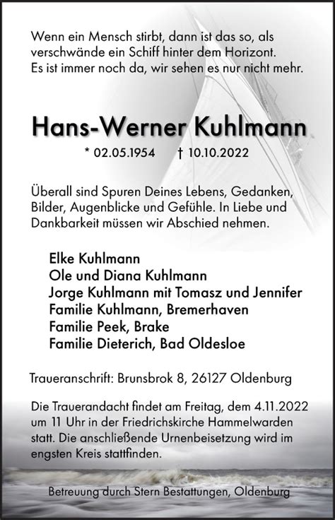 Traueranzeigen Von Hans Werner Kuhlmann Nordwest Trauer De