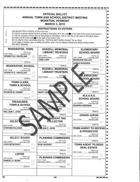 Sample Ballots For Town Meeting Day March 3 2015 Monkton Vermont