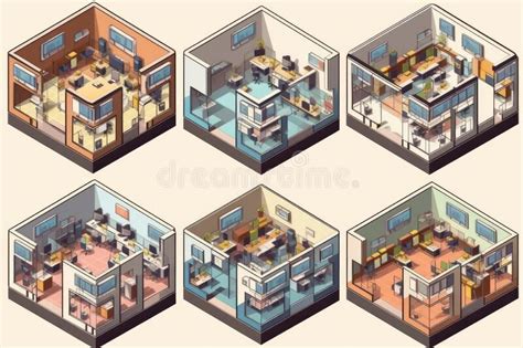 Isometric And Axonometric Floor Plans Of Modern Office Building With Detailed Layouts A