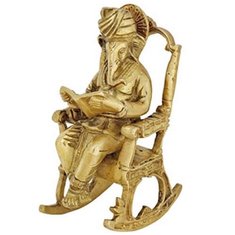 Brass Statue Hindu Art Ganesha God Seated On A Rocking Chair And