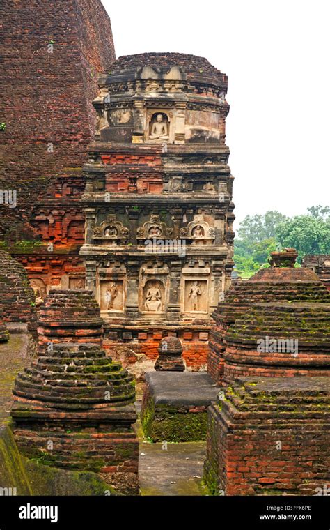 Statues Of Buddha And Remains Of Ancient Nalanda University Bihar