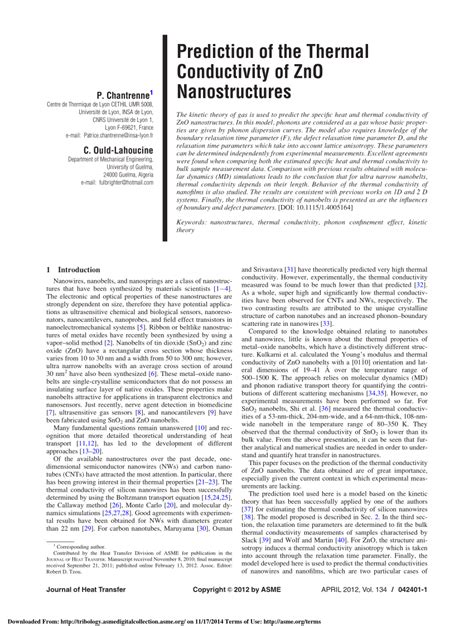 Pdf Prediction Of The Thermal Conductivity Of Zno Nanostructures