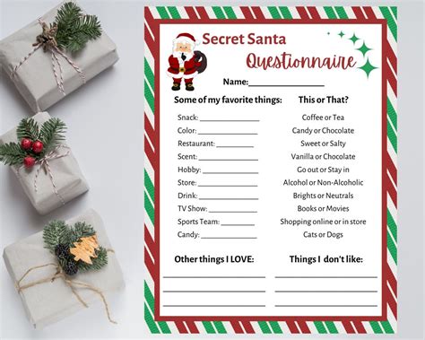 Secret Santa Questionnaire Printable Secret Santa Form Secret Santa