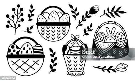 Set Clipart Keranjang Paskah Hitam Dan Putih Easter Doodle Clipart