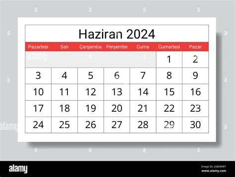 June 2024 Turkish Calendar Haziran Vector Illustration Monthly