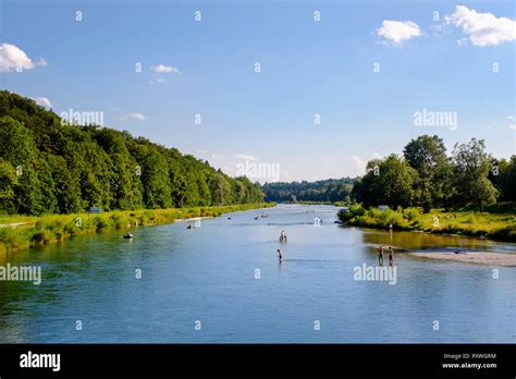 Germany Munich People Bathing In The Isar River Near Marienklause