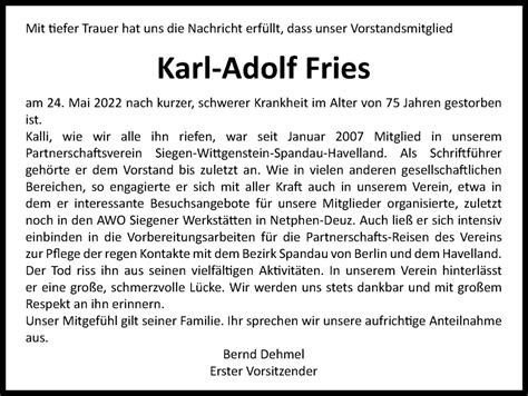 Traueranzeigen Von Karl Adolf Fries Trauer In Nrw De