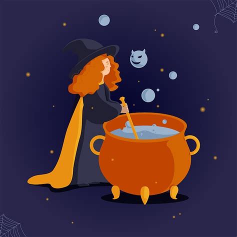 Premium Vector Vector Halloween Illustration Cute Witch Making Potion