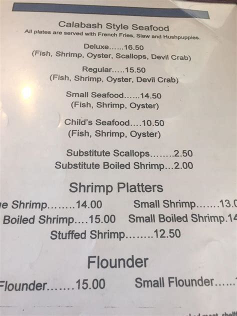 Menu at Calabash Seafood Hut restaurant, Calabash