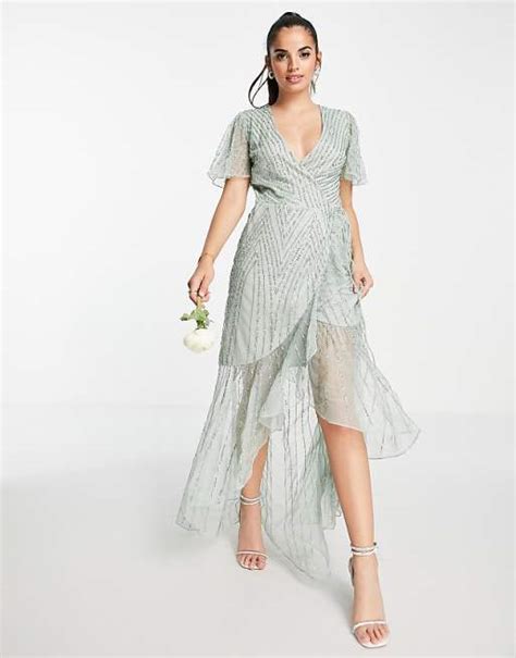 Frock And Frill Bridesmaids Embellished Wrap Maxi Dress In Sage Green