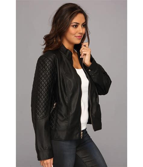 Jessica Simpson Plus Size Quilted Faux Leather Moto Jacket With Band Collar In Black Lyst