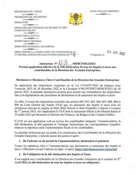 République du TCHAD Ministère des Finances et du Budget INSTRUCTION