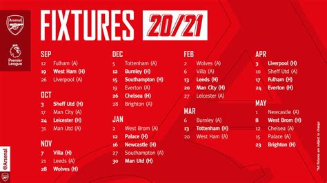 Complete Arsenal Premier League Fixtures