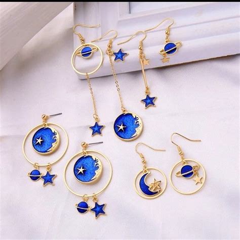 Beautiful Gold And Hand Painted Blue Moon And Star Earrings A Stunning