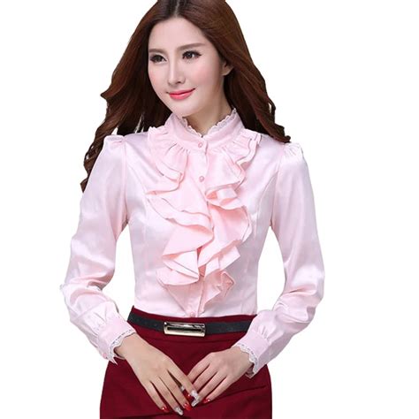 Classic Ruffled Lady White Chiffon Blouse Plus Size S 2xl Ol Style Formal Wear 2016 Women Career