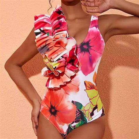Plus Size New Sexy One Piece Swimsuit Women S European And American Bikini Ruffled Edge Printed