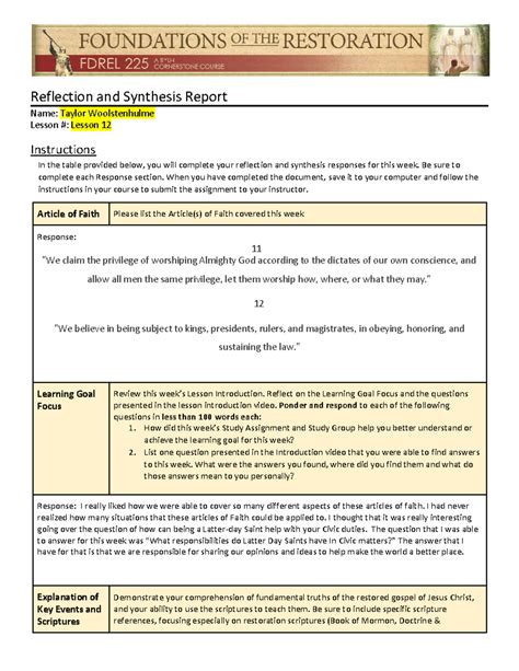 FDREL225 Reflection And Synthesis Report Template L02 13 Reflection