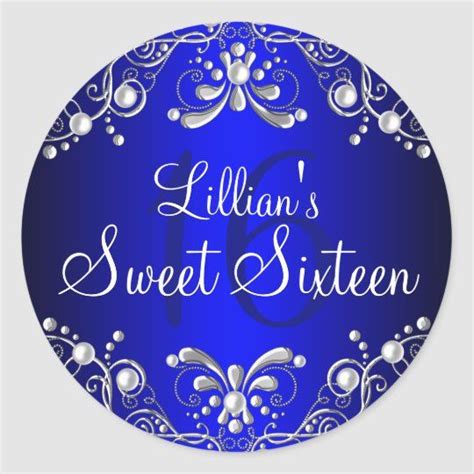 Royal Blue Silver Pearl Damask Sweet 16 Sticker Zazzle Sweet