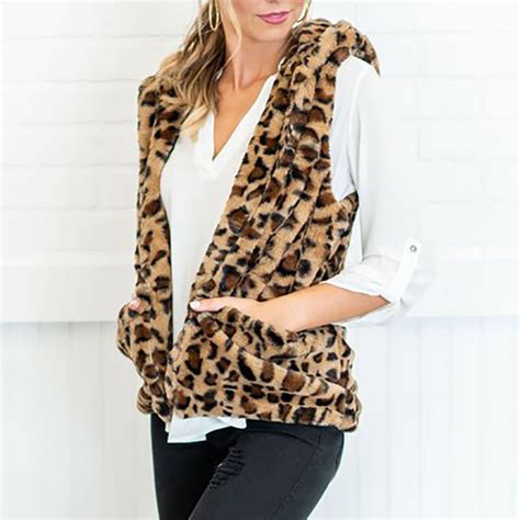 Leopard Vest For Women Autumn Winter Warm Lamb Wool Hooded Female