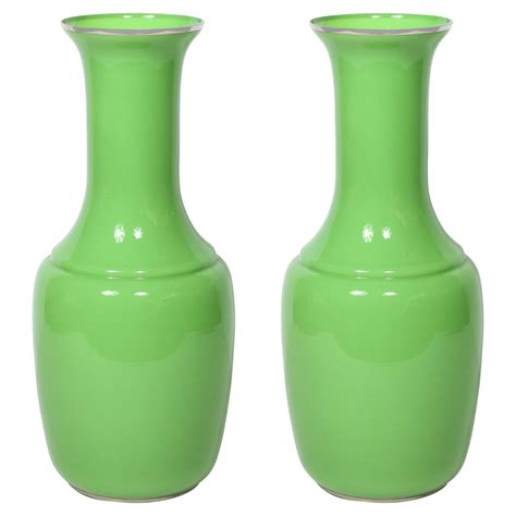 Pair Of Modernist Large Urn Form Vases In Pear Green With Gold Banded