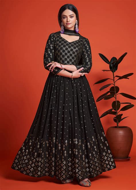 Black Heavy Embroidery Georgette Anarkali Gown Urban Womania