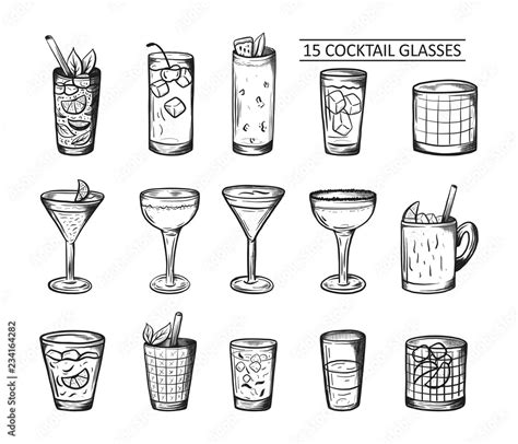 Alcoholic Drinks Set Glass Of Cocktails Isolated Black And White