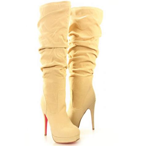 Beige Velvet Ruched Knee High Platform Heel Boots Gladiator Boots