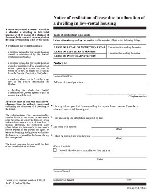 Fillable Online Notice Of Resiliation Due To Allocation Of A Dwelling