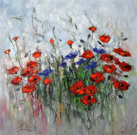 An Oil Painting Of Red White And Blue Flowers On A Gray Background